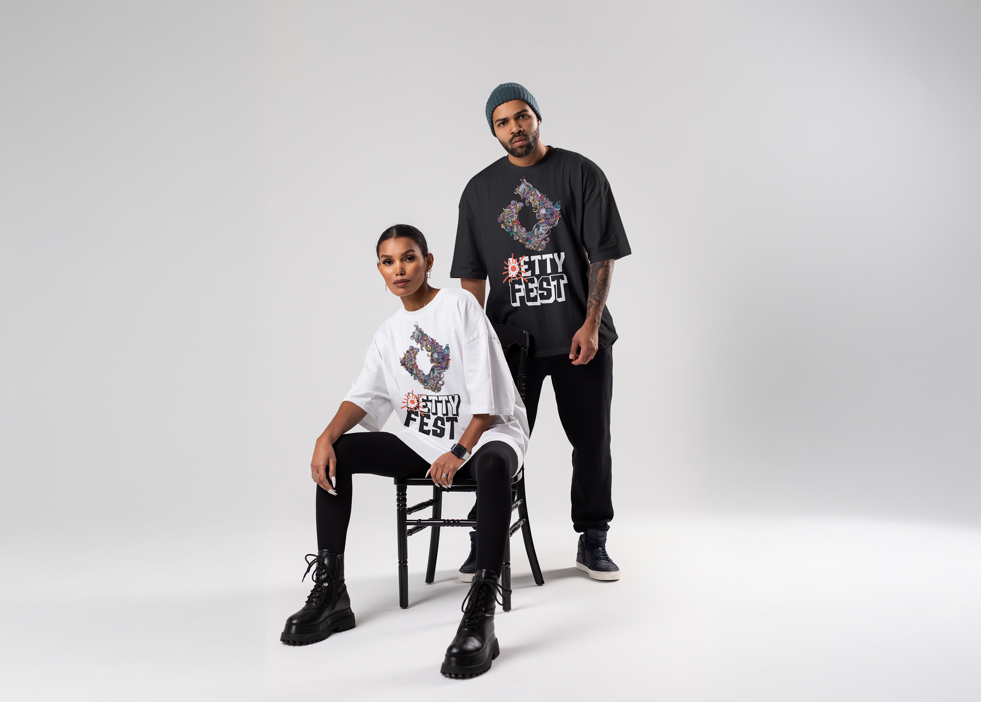 Models wearing Detty Fest merchandise